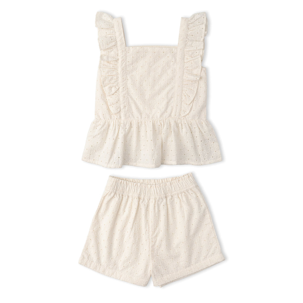 Organic Eyelet Flutter Top And Shorts Set - Ivory Eyelet
