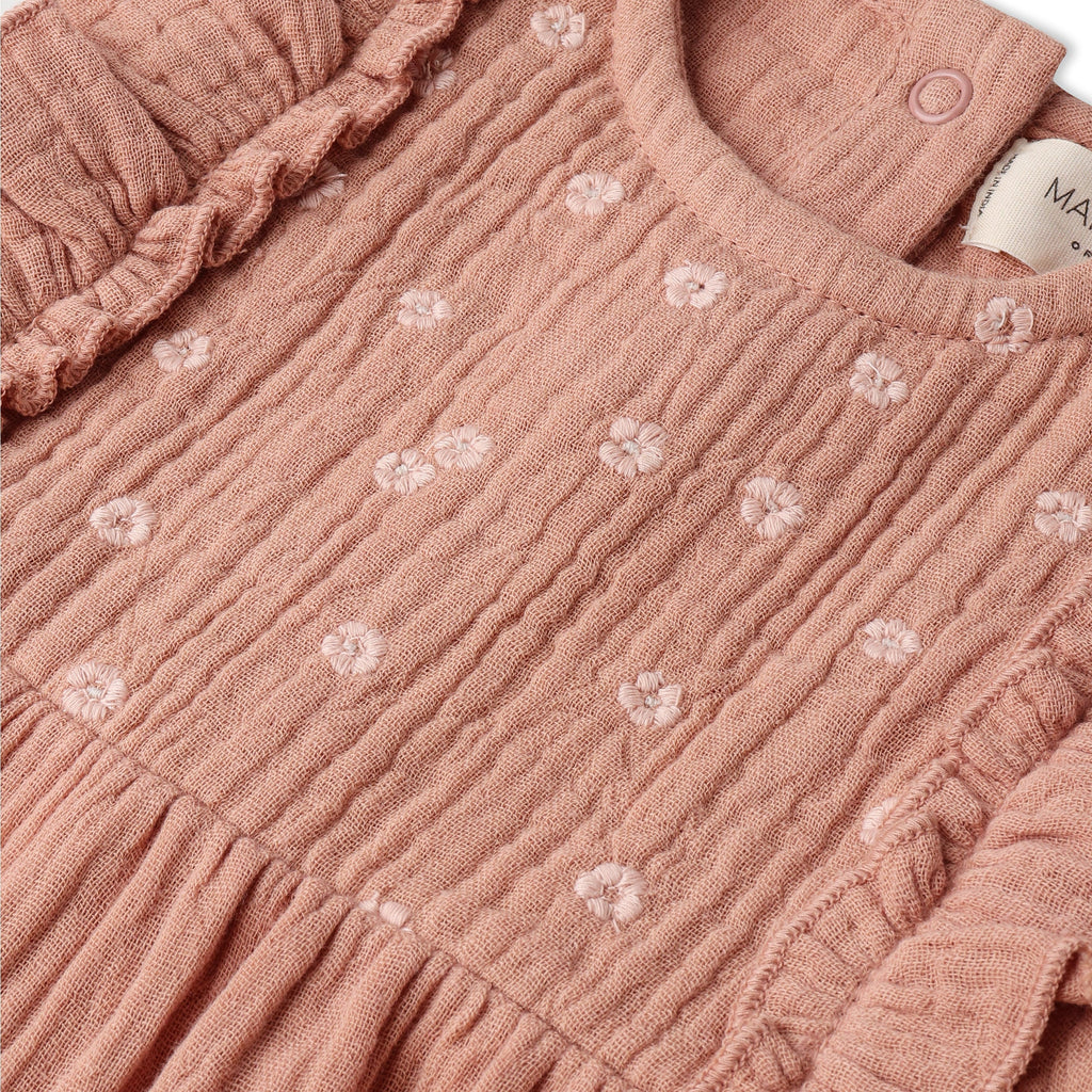 Organic Embroidered Ruffle Romper - Clay